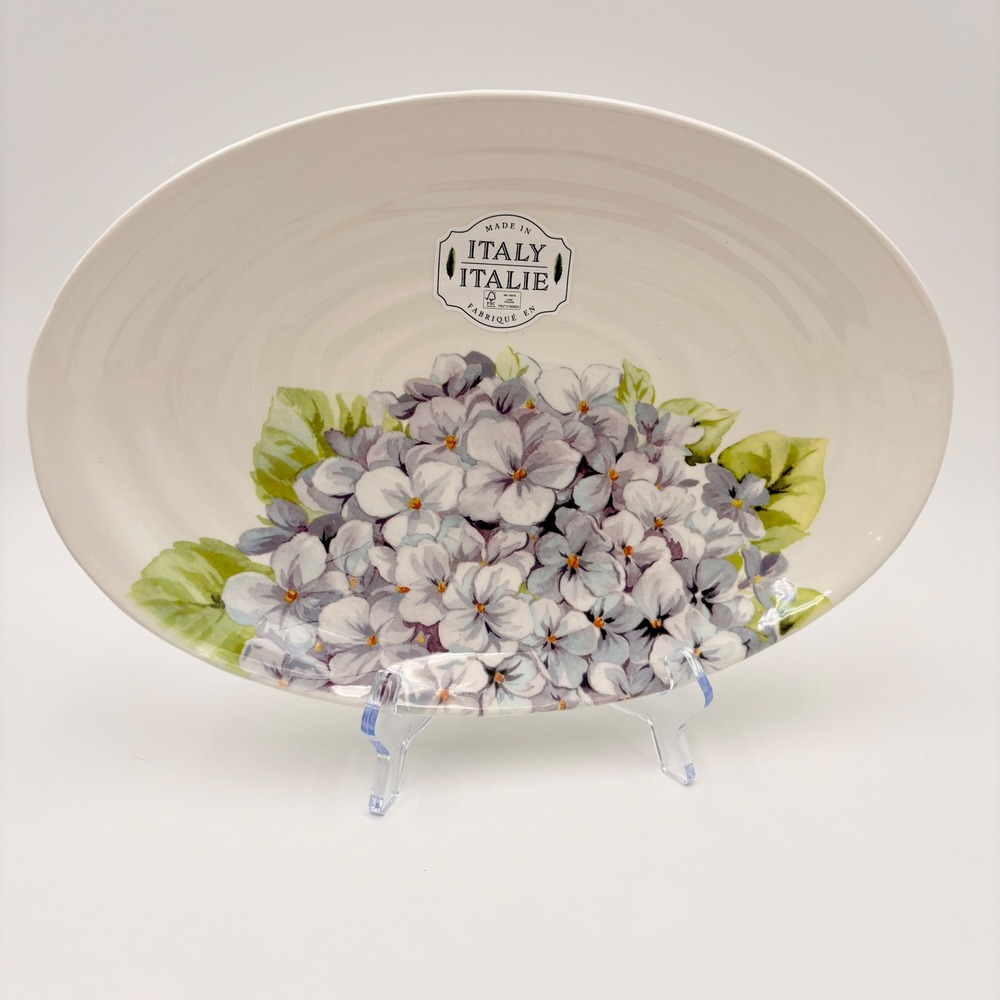 Ceramica Cuore Italy Hydrangea Floral Oval Ceramic Serving Platter White Blue
